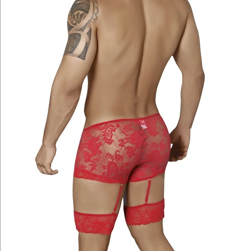 [L] Red Lace Garter Candyman Boxers 99317